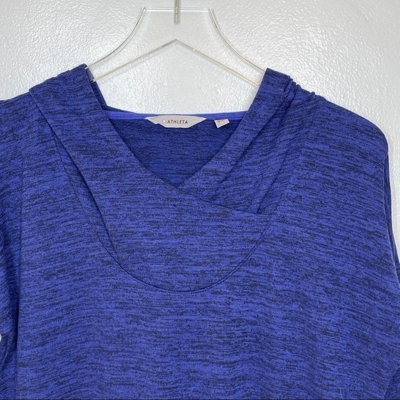 Athleta Heathered Blue Hooded Top Kangaroo Pocket Cross Neck Drop Waist Size S - Picture 10 of 15